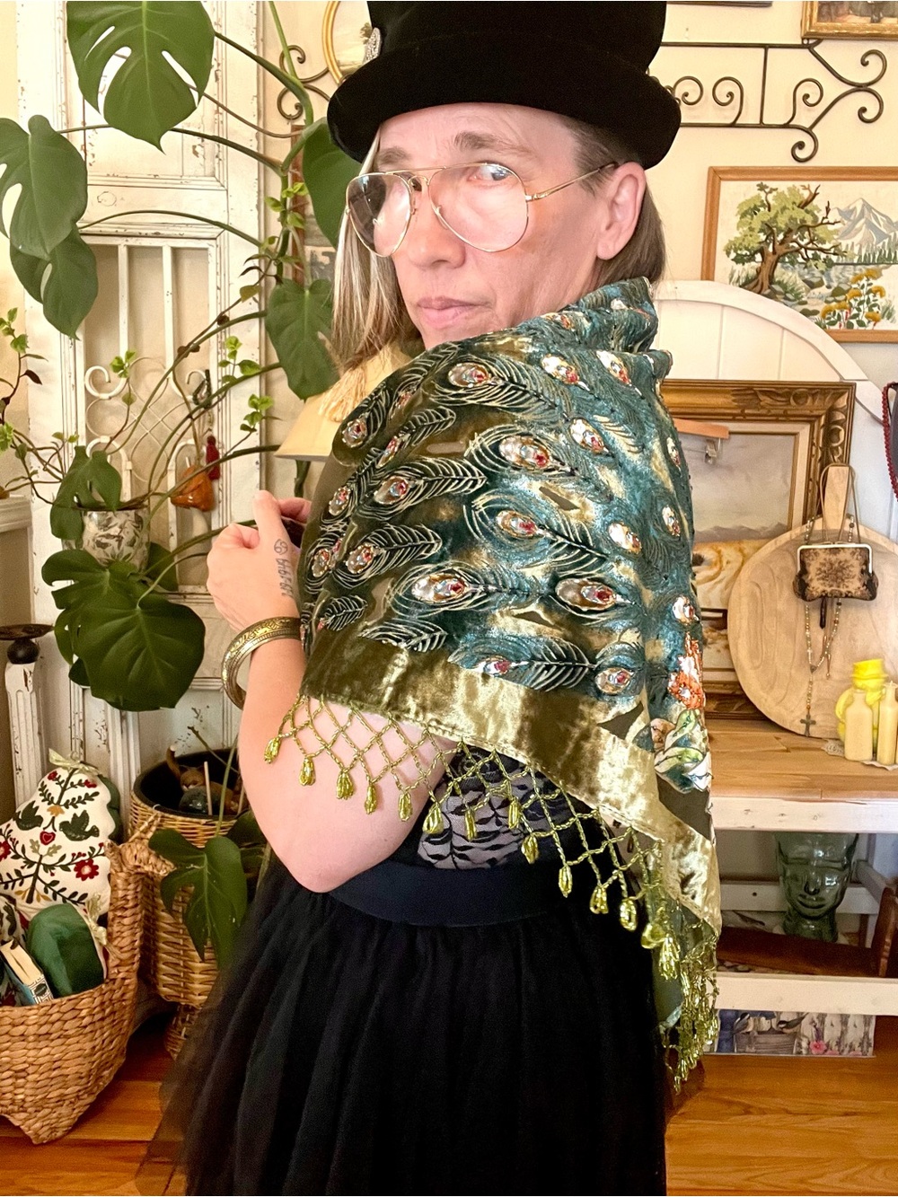 Vintage Kirks Folly Velvet "Empress Peacock" Triangular Shawl Silk Velvet - Picture 3 of 6